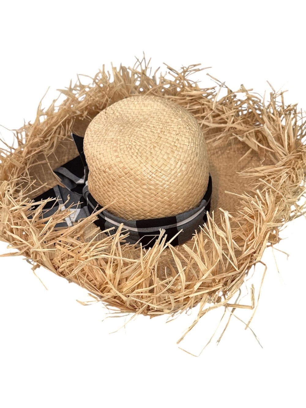Gigi Burris Straw Sun Hat with Black and White Gingham Ribbon Trim NWT